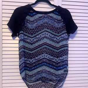 Love Fire Navy Lace Chevron Sheer Print Blouse